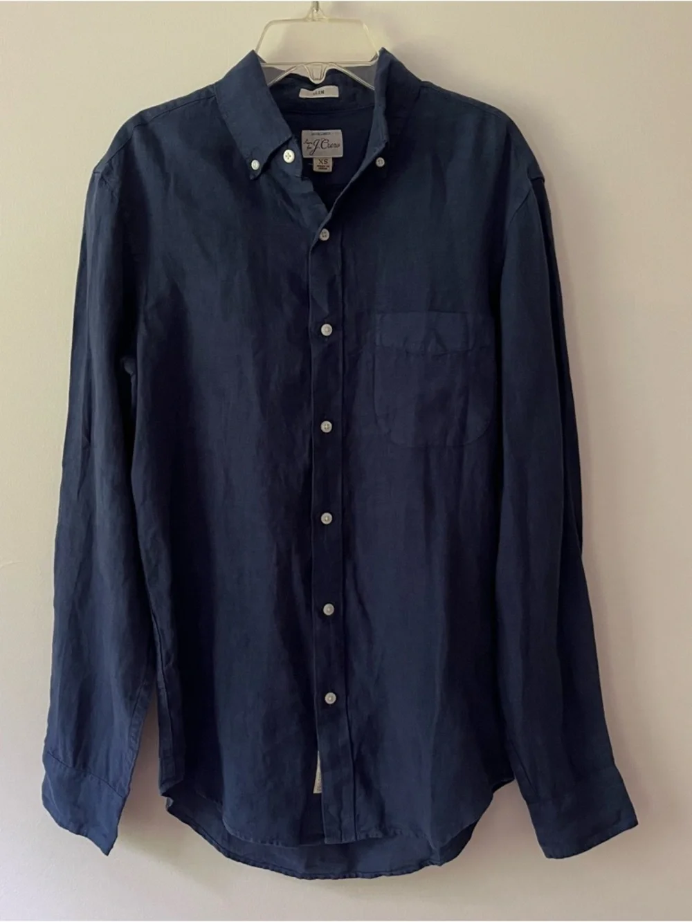 Men's J. Crew Irish Linen Long Sleeve Button Down Shirt XS Navy Blue Slim Fit